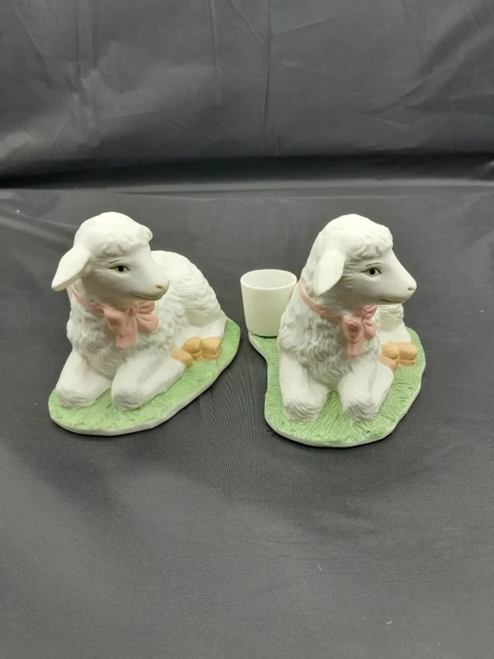 (2) WHITE LAMB PORCELAIN BISQUE TAPER CANDLE HOLDERS SPRING SUMMER EASTER VTG.